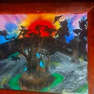 2 geisha on bridge while in sunset 17x22